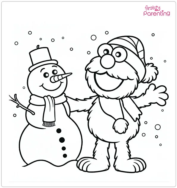 Elmo With Snowman Coloring Page