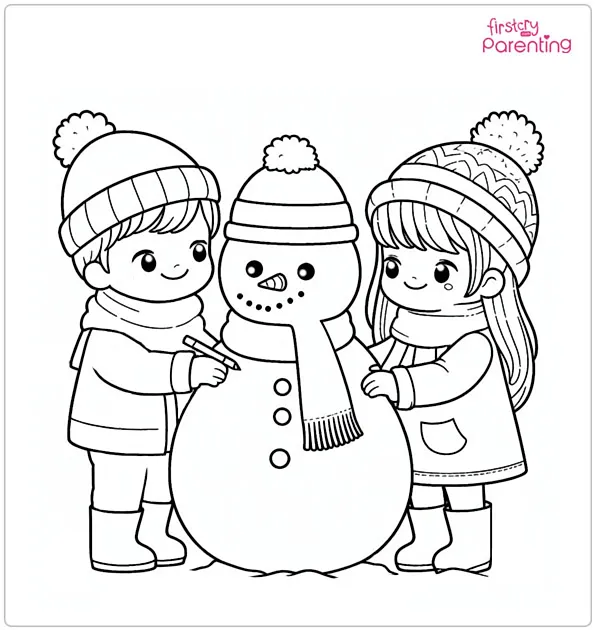 Kids Building a Snowman Coloring Page