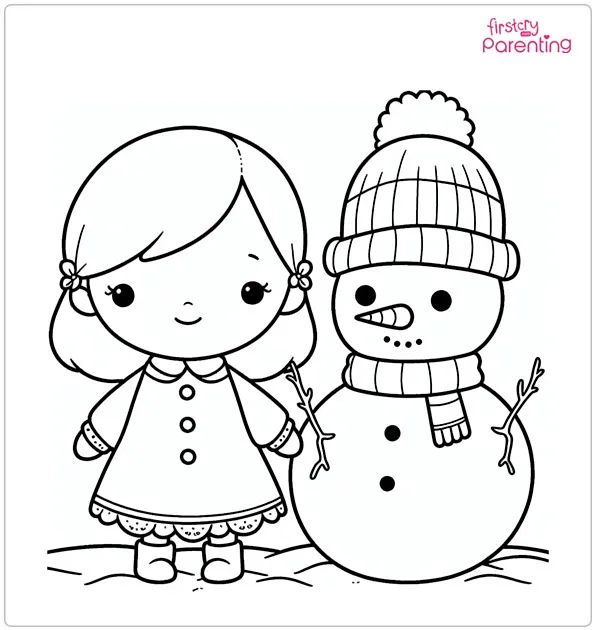 Little Girl and Snowman Coloring Page