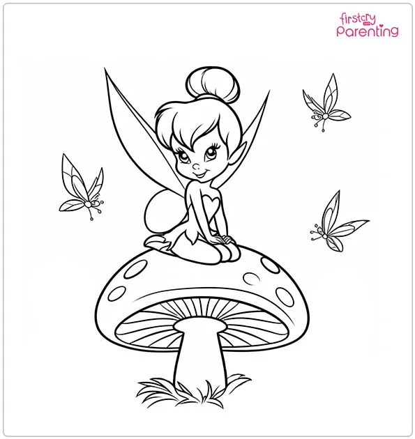 Tinkerbell Sits on the Mushroom Coloring Page