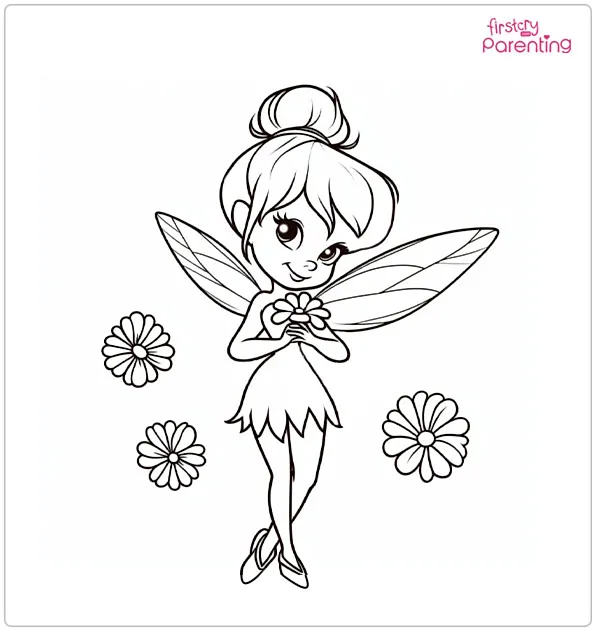 Tinkerbell With Flowers Coloring Page