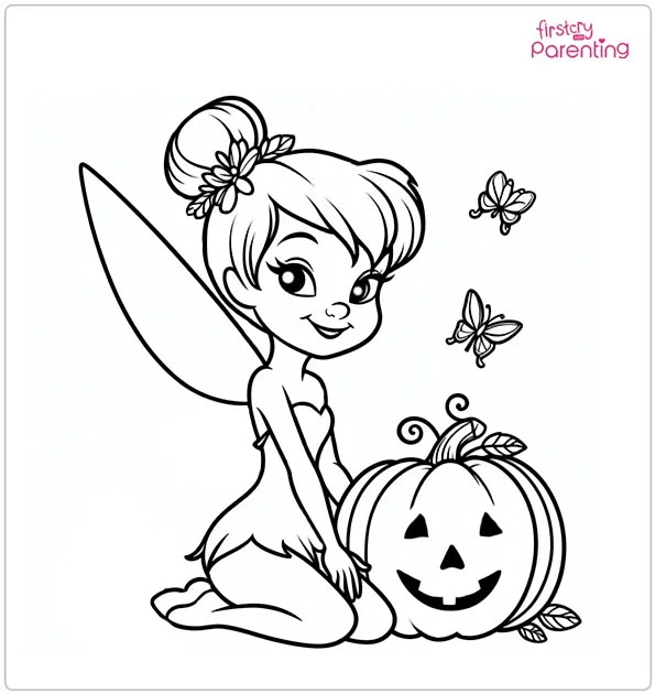 Tinkerbell with Pumpkin Coloring Page