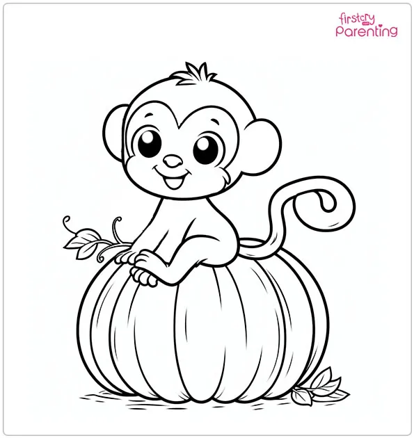 Monkey on a Pumpkin Coloring Page