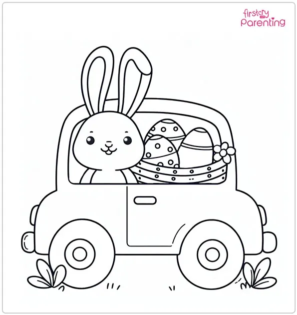 Easter Bunny and Eggs in a Car Coloring Page