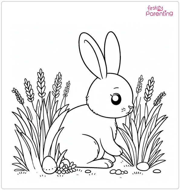 Easter Bunny Hides in the Grass Coloring Page
