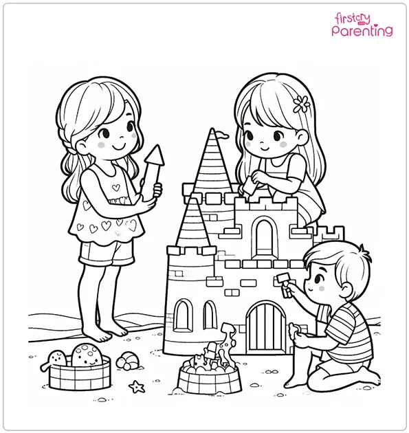Building Beach Castles Coloring Page