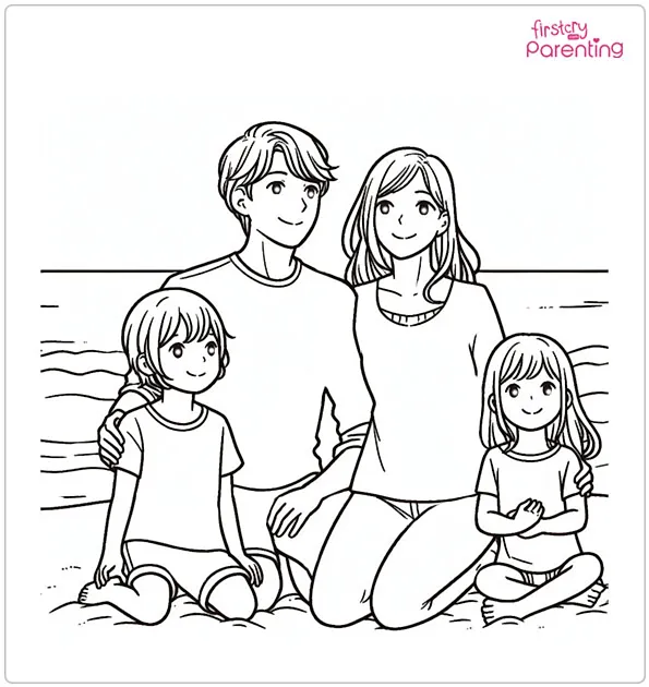 Family at the Beach Coloring Page