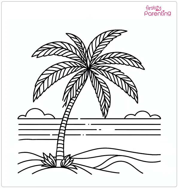 Beach with Palm Tree Coloring Page
