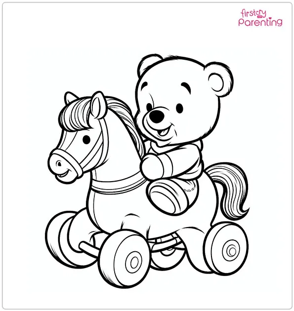 Winnie The Pooh Riding The Toy Horse Coloring Page