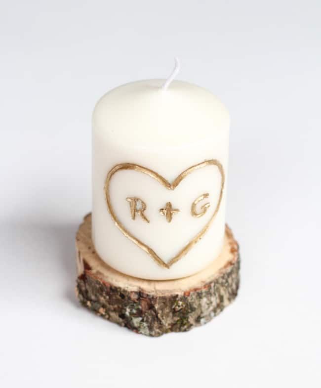 carved candle with intials