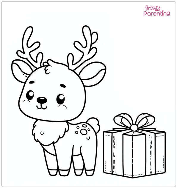 Reindeer in a Gift Box Coloring Page