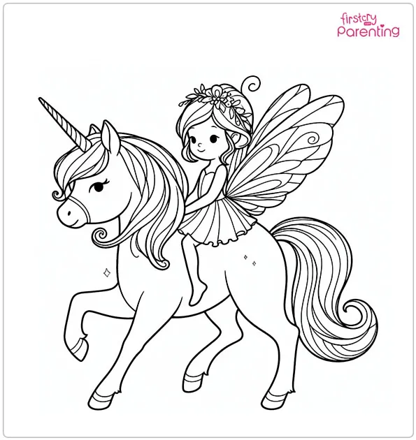 Fairy on Unicorn Coloring Page