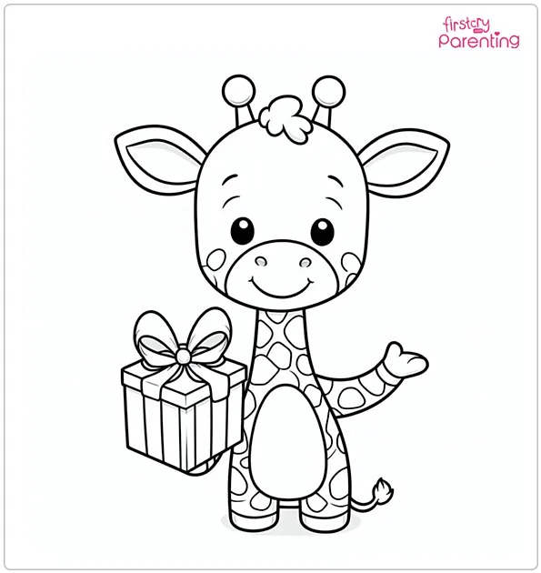 Giraffe Holds a Gift Coloring Page