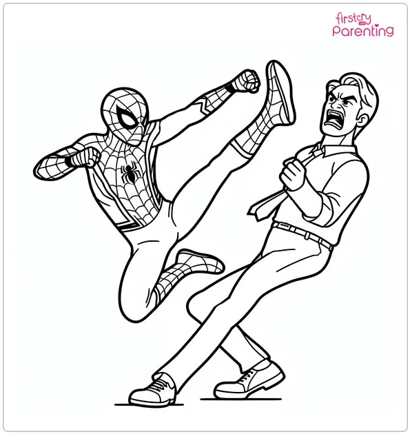 Spiderman Kicking The Villain Coloring Page