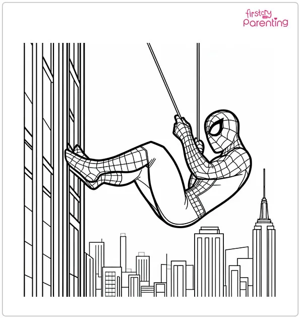 Spiderman Swinging from One Building Coloring Page