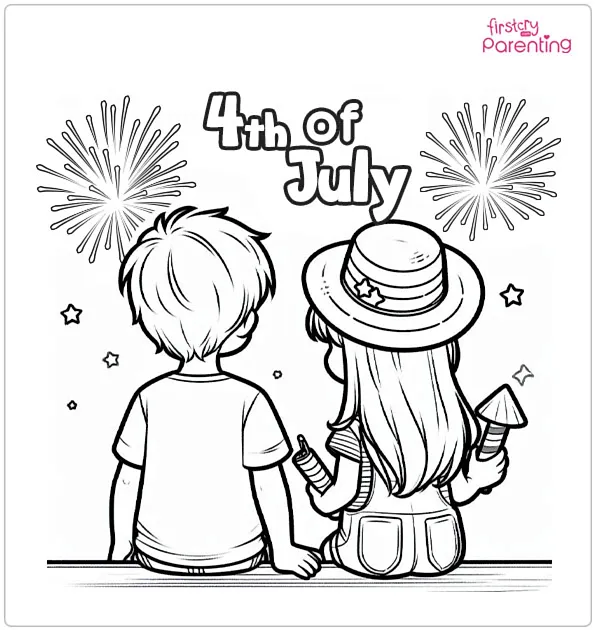 Boy and Girl Watching Fireworks 4th of July Coloring Page