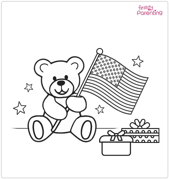 Teddy Holding USA Flag Coloring Page