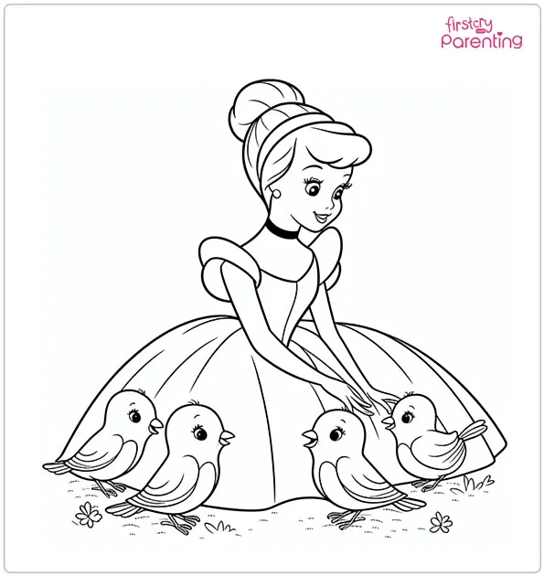 Cinderella and Three Birds Coloring Page