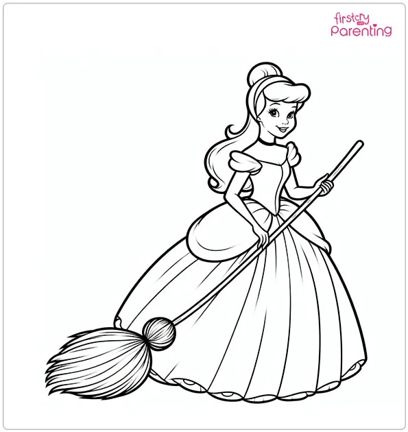 Cinderella with Broom Coloring Page