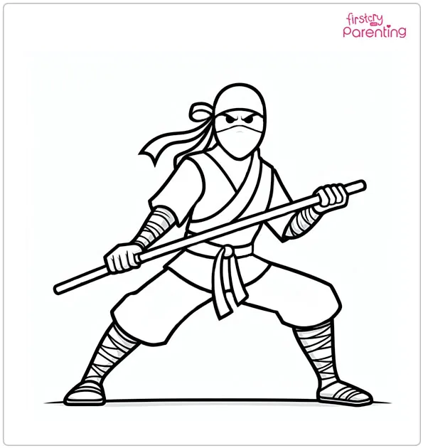 Ninja Warrior With Stick In Hand Coloring Page