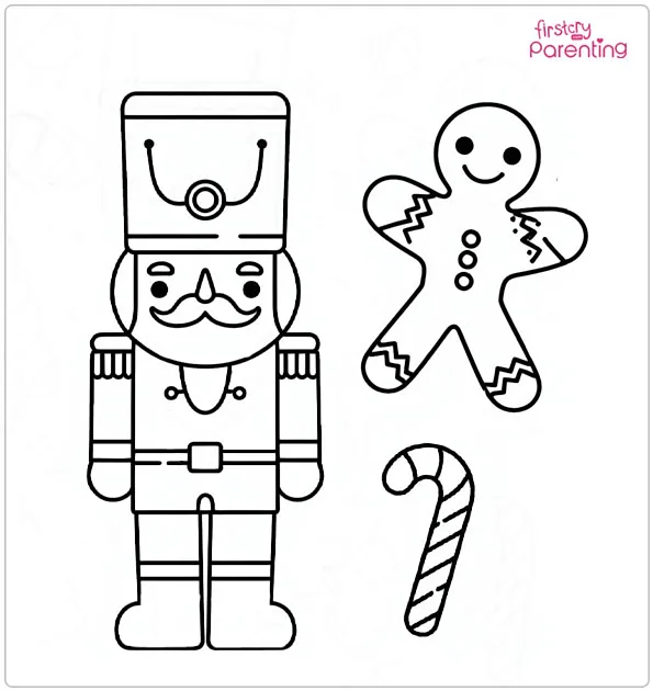 Nutcracker With Gingerbread Men and Candy Canes Coloring Page