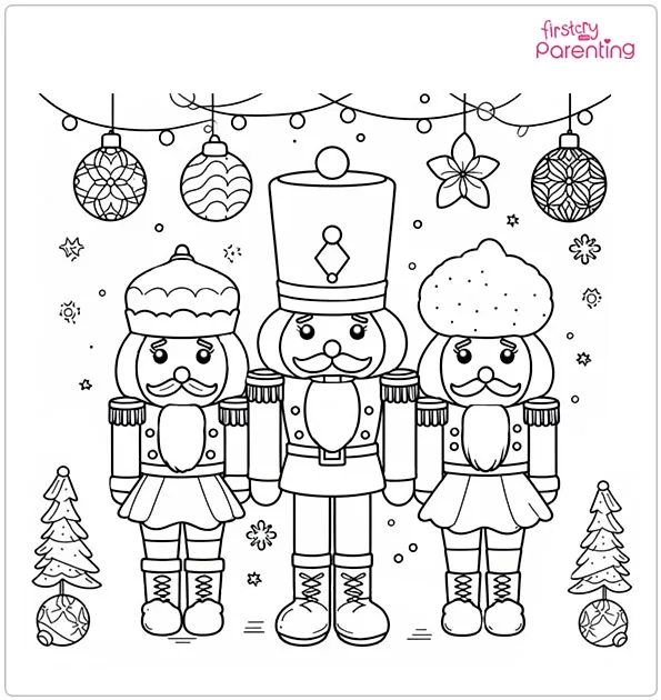 Three Nutcrackers With Christmas Ornaments Coloring Page