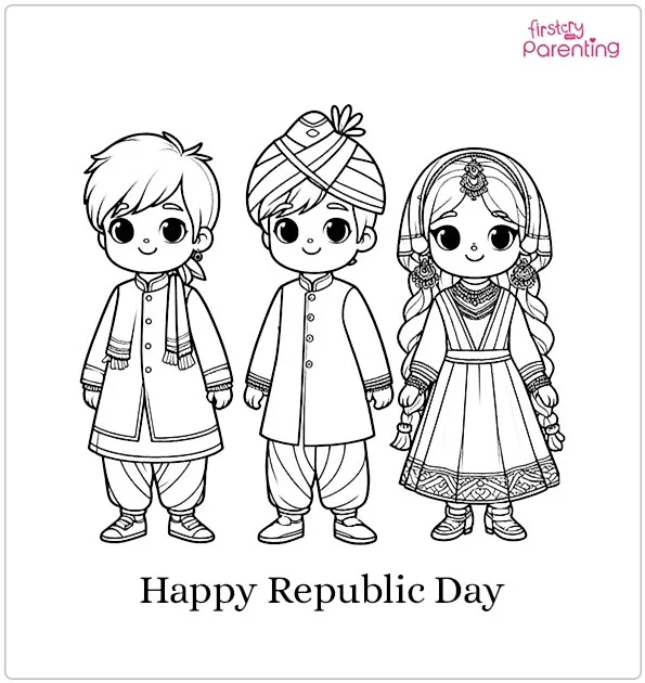 Kids Dressed in Traditional Indian Attire Colouring Page