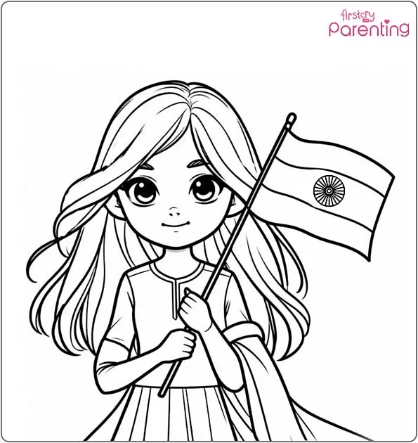 Girl Holding Indian Flag Coloring Page