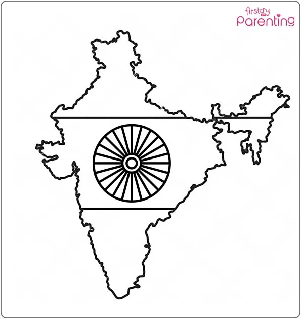 Indian Flag with Map and Ashoka Chakra Coloring Page