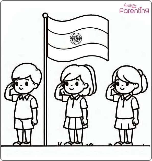 Kids Saluting Flag of India Coloring Page