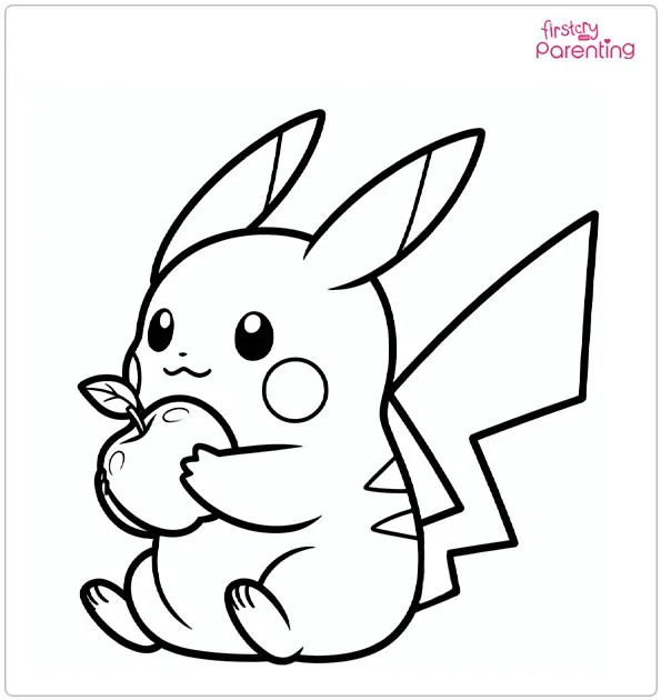 Pikachu Eating an Apple Coloring Page