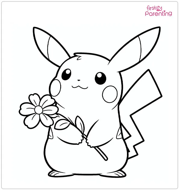 Pikachu Holds a Flower Coloring Page