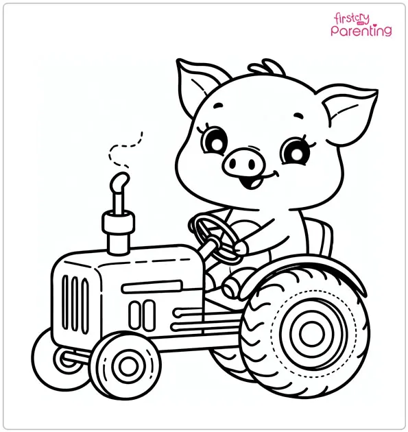 The Cute Piggy Drives the Tractor Coloring Page