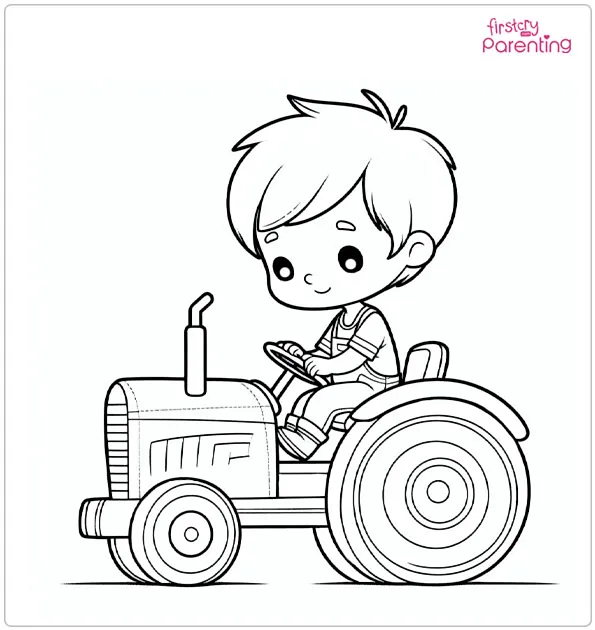 Boy on Tractor Coloring Page