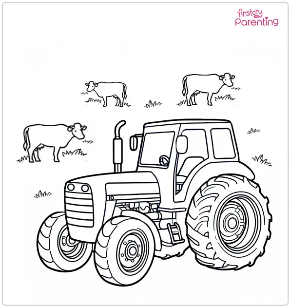 Tractor With Cows In The Background Coloring Page