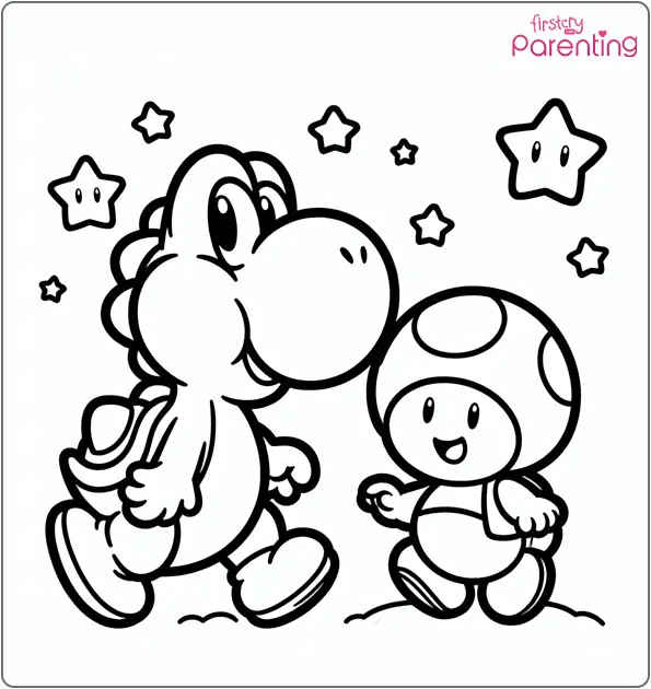 Yoshi and Toad Coloring Page