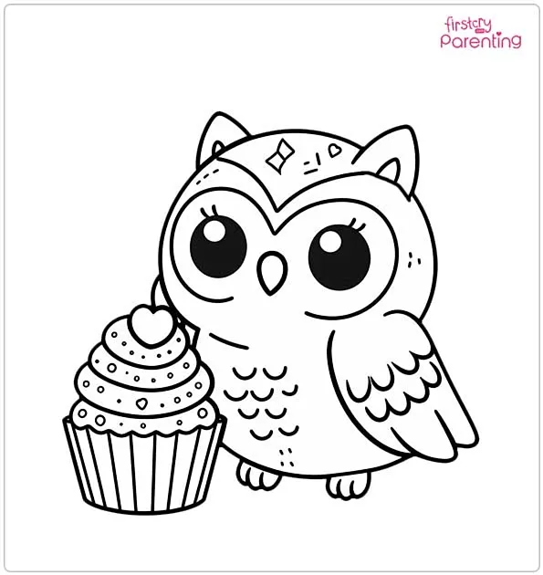 Owl with a Cupcake Coloring Page