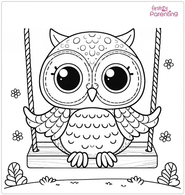 Owl on a Swing Coloring Page