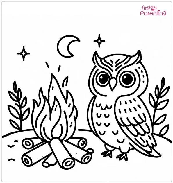 Owl & Bonfire Coloring Page