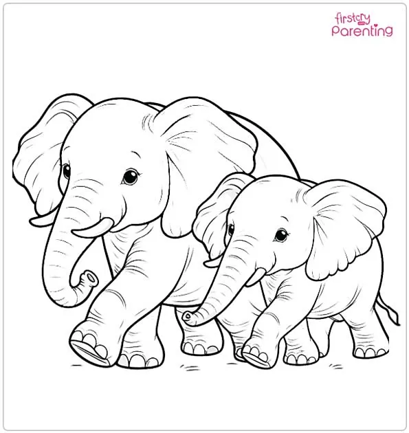 Two Elephants Walking In The Wild Coloring Page