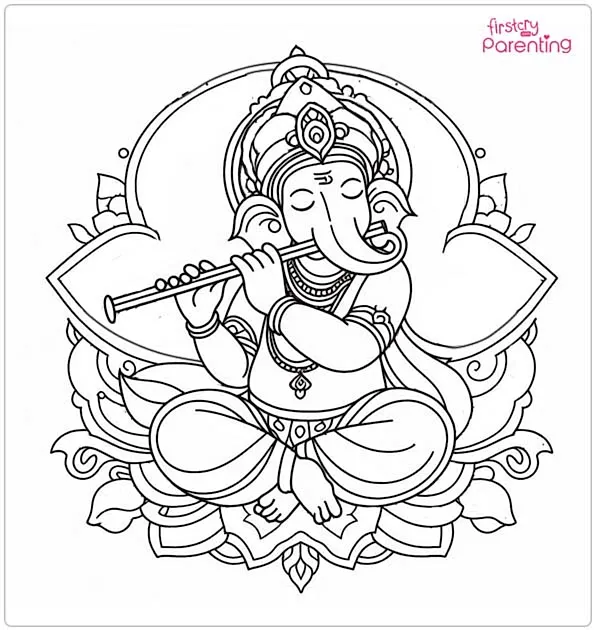 Ganesh Playing the Flute Coloring Page