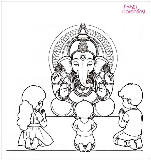 Kids praying in front of Lord Ganesha Coloring Page