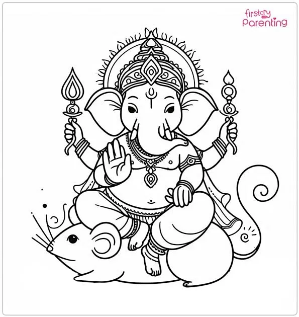 Lord Ganesha Riding on Mouse Coloring Page