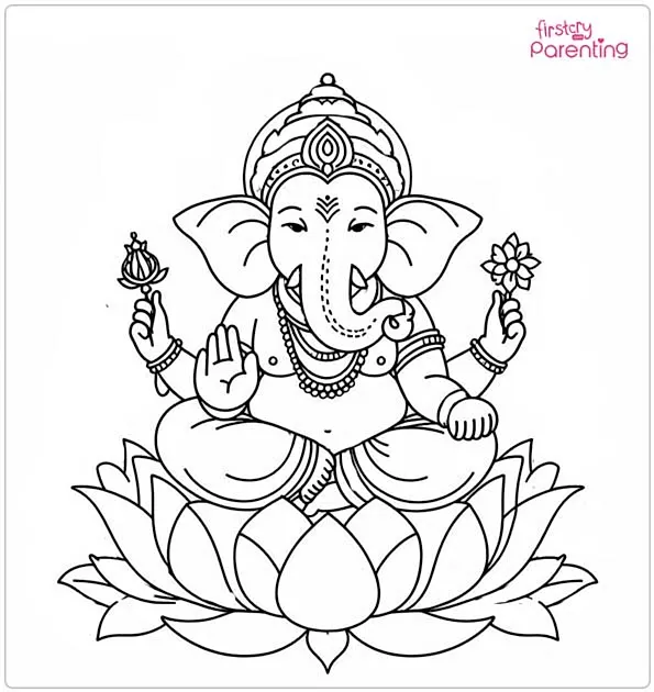 Lord Ganesha Sit on a Large Open Flower Coloring Page