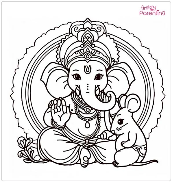 Lord Ganesh With his Mouse Coloring Page
