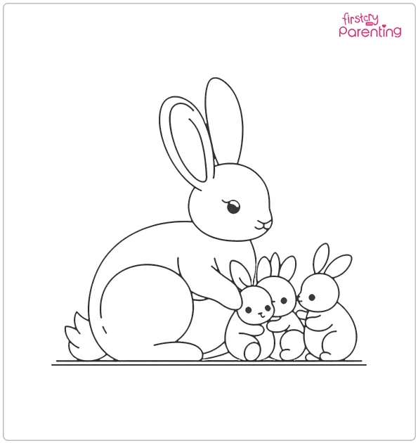 Rabbit and Three Babies Coloring Page