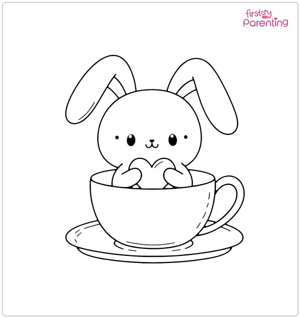 Rabbit Holding Heart Sitting In Tea Cup Coloring Page