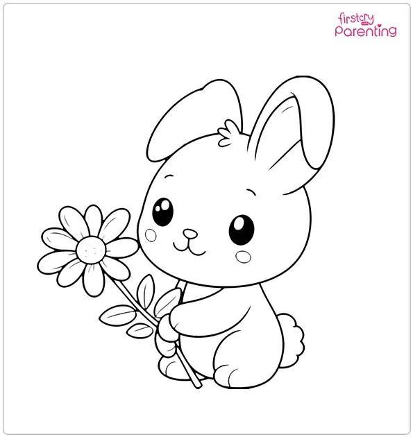 Rabbit Holds a Flower Coloring Page