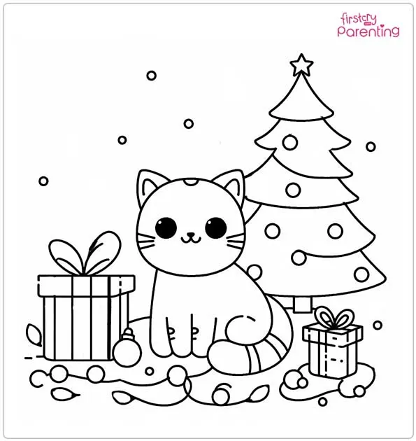 Christmas Cat Coloring Page