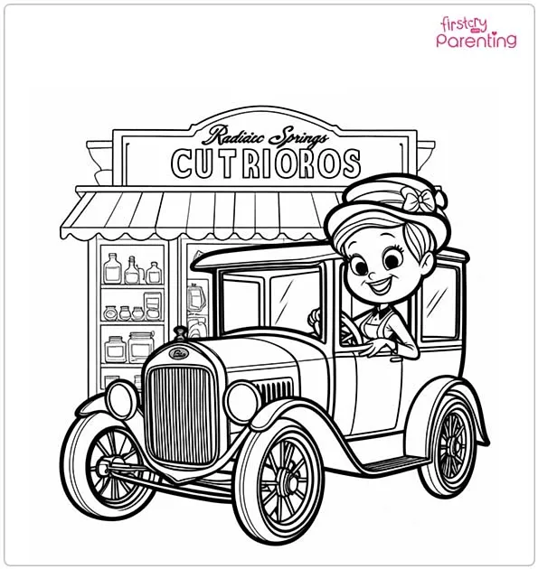 Lizzie at Radiator Springs Curios Coloring Page